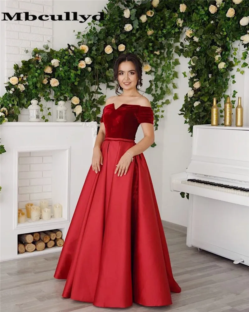 Mbcullyd Arabic Red Long Velvet Prom Dresses 2019 Short Sleeve