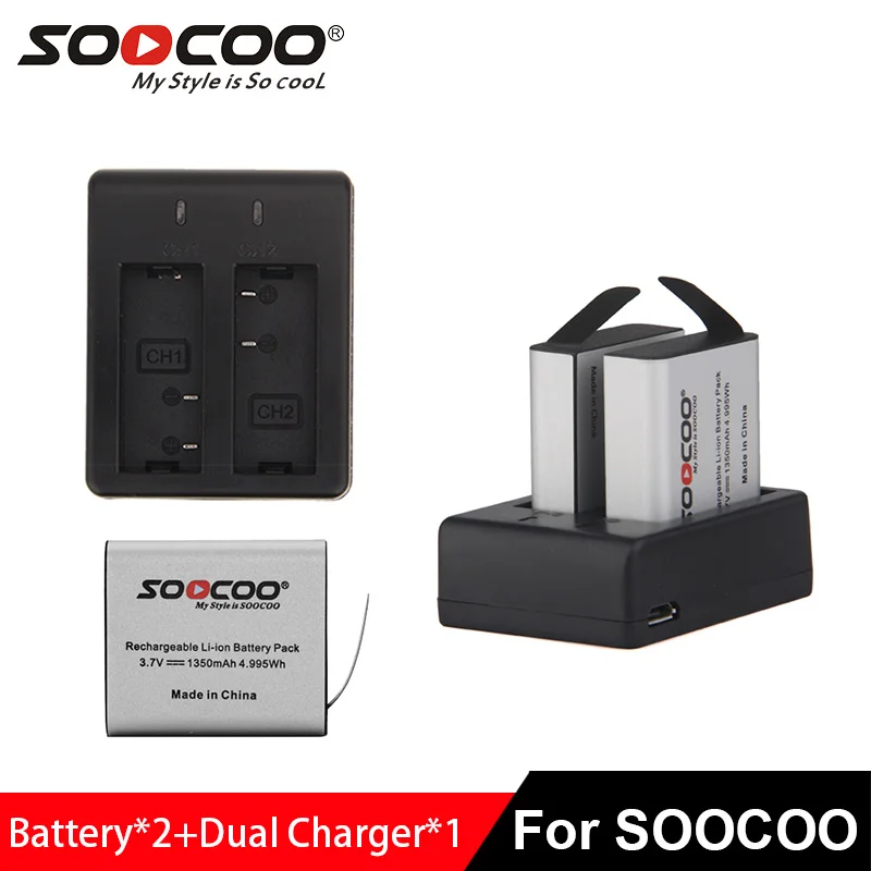 SOOCOO Action Camera Batteries 2pcs with dual charger 1350mAh for C30