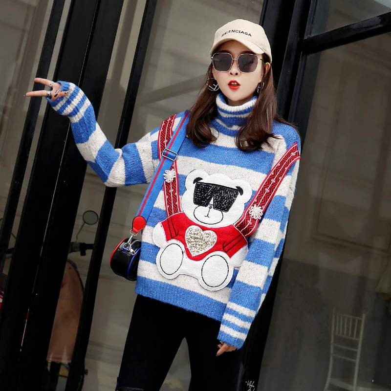 ^Cheap Thailand Tide brand 2018 autumn and winter new loose high collar bear patch thick coat jacket to take a knitted sweater female ^Cheap Thailand Tide brand 2018 autumn and winter new loose high collar bear patch thick coat jacket to take a knitted sweater female
