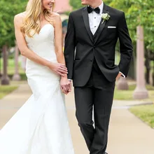 Лучшие продажи самые популярные пользовательские черные мужские костюмы смокинги жениха для свадьбы/бизнеса/вечерние(куртка+ жилет+ галстук+ брюки