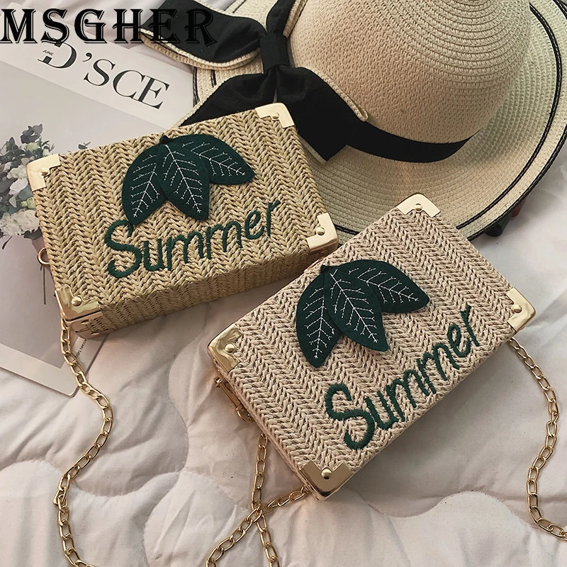 

MSGHER Shoulder Bags Women Summer Straw Beach Bags Female Letter Small Chain Bags Casual Vacation Crossbody Bags