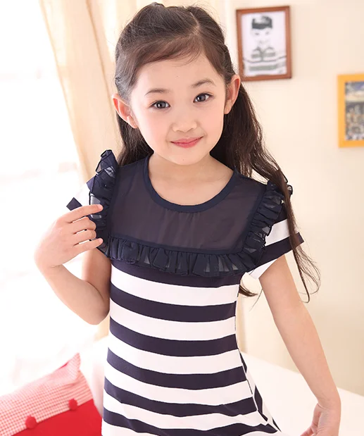 Wholesale Summer Girl Short Sleeve Stripe Dress Children Chiffon