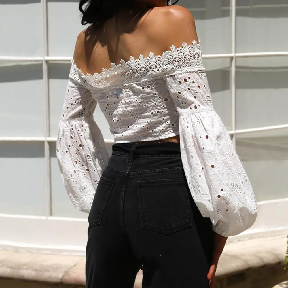 25##Womens Tops And Blouse Off Shoulder Shirt Long Sleeve Hollow Lace Gothic Loose Blouse Sexy Tops blusas mujer de moda long sleeve blouse