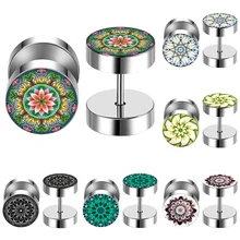 2 Pçs/lote Mandala Flor Falso Orelha Cheater Plugs Túnel Piercing Barbell do Aço Inoxidável Unisex Brinco