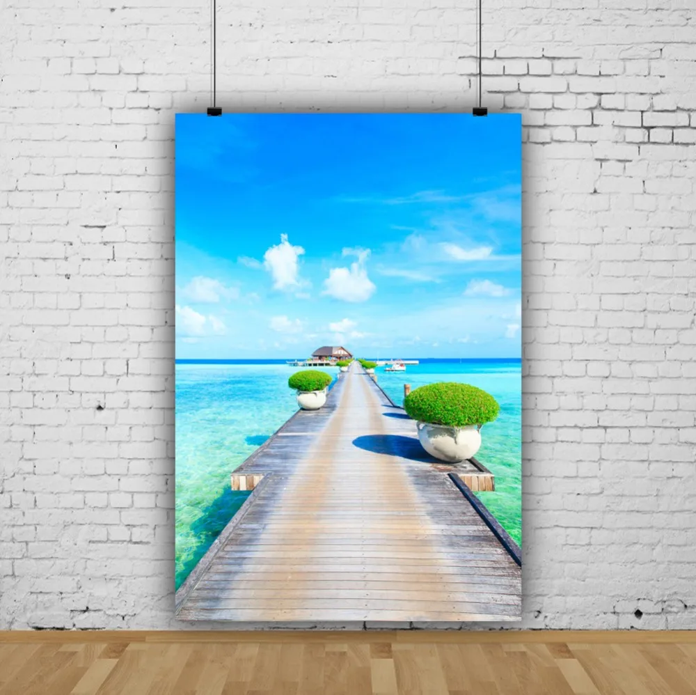 Laeacco Seaside Blue Sky White Clouds Wooden Bridge Natural Scene Photographic Background Photography Backdrops For Photo Studio Laeacco Seaside Blue Sky White Clouds Wooden Bridge Natural Scene Photographic Background Photography Backdrops For Photo Studio