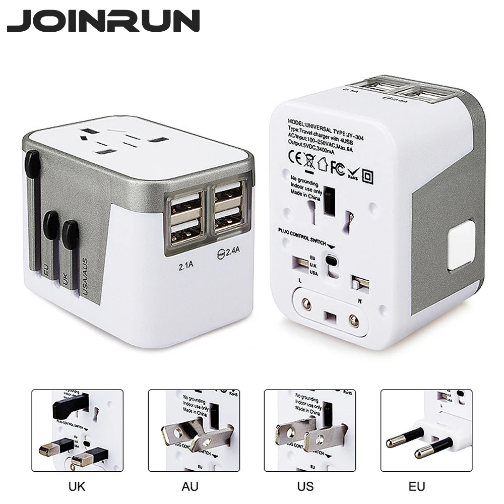 

Joinrun Universal Travel Adapter Electric Plugs Sockets Converter US/AU/UK/EU with 4 USB Charging 2.4A LED Power Indicator