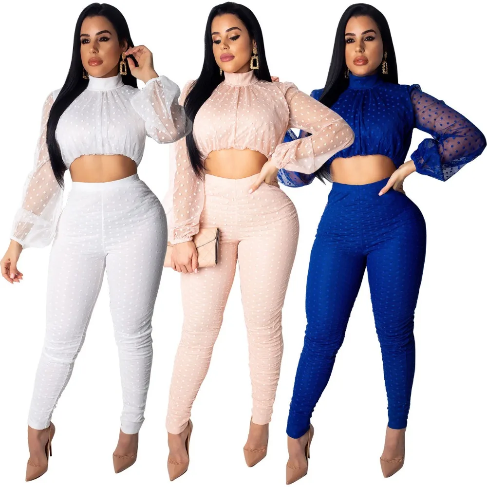 

Summer Clothes For Women Conjuntos De Mujer Polka Dot Transparent Mesh Crop Tops Skinny Pants Two Pieces Sets