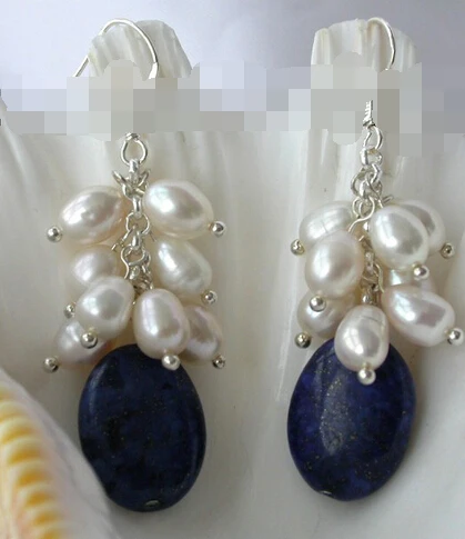 

ry00780 classic white freshwater pearl blue lapis lazuli dangle earrings silver