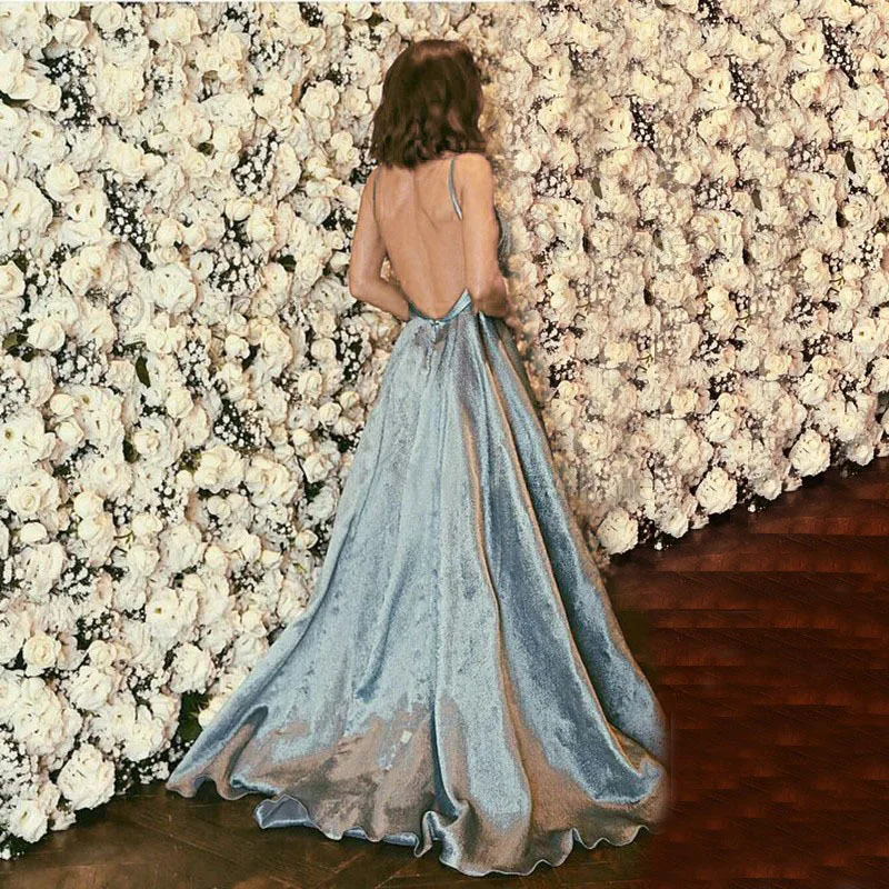 

Elegant Light Blue Sequined Maxi Dress Women Sexy Spaghetti Strap V Neck Backless Women Dress Vintage Party Long Dress Vestidos