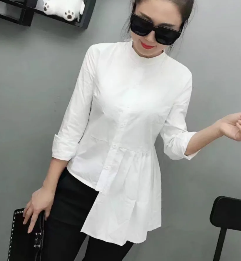 

2018 Spring Long Sleeve stand Collar white Cotton Shirts Women Casual Fashion plaid Cotton Blouses Women desigual cotton Tops