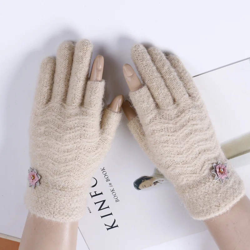 Женские модные перчатки с открытым указательным пальцем, вязаные перчатки для сенсорного экрана телефона, зимние женские кашемировые теплые перчатки с цветами на весь палец, A49