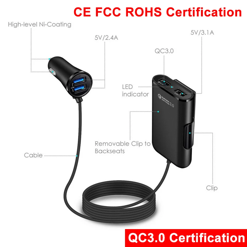 Suntaiho 4 منافذ سريع QC 3.0 + 2.4A + 3.1A USB شاحن سيارة USB محول سريع مع 5.6ft تمديد الحبل كابل ل سيارة الهاتف