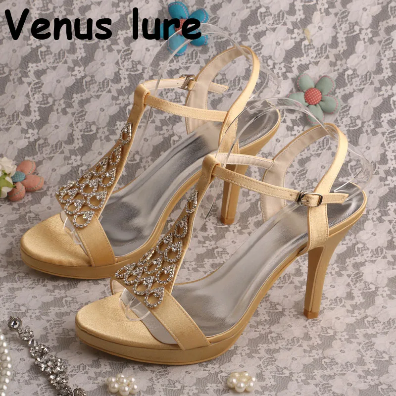 

High Heel Gold Sandals for Wedding Bridal Party Crystal Platform Shoes Sandals