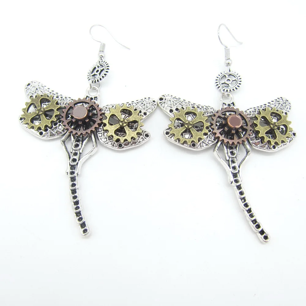 

2018 Cykopv New Design Antique Silver Dragonfly with Gears Wings Handmade Steampunk Drop Earrings