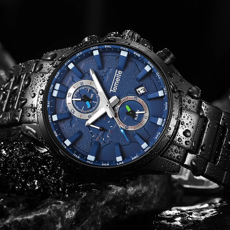 

TEMEITE Military Sport Multifunction Watches Men Cool Black 3 Sub-dials 6 Hands Big Dial Wristwatch Full Steel Waterproof Clock