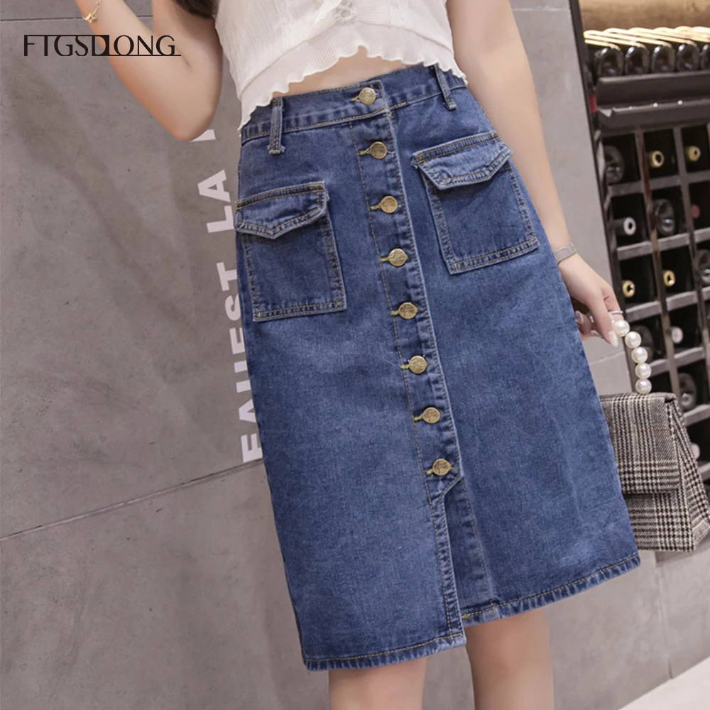 FTGSDLONG S-5XL Denim Skirt Large Size Split 2019 Summer Button High Waist Pocket Skirt Solid Casual A Line Skirt Knee Length FTGSDLONG S-5XL Denim Skirt Large Size Split 2019 Summer Button High Waist Pocket Skirt Solid Casual A Line Skirt Knee Length