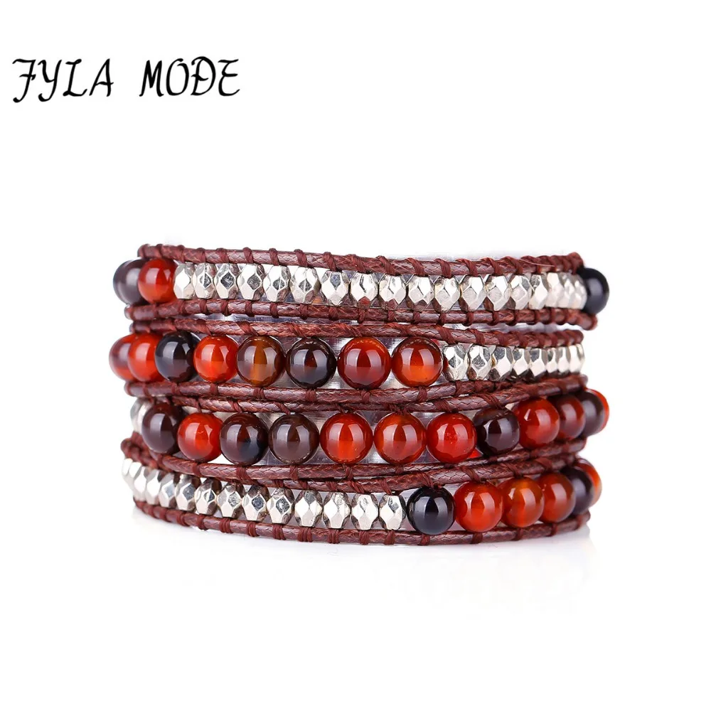 

Fyla Mode Exclusive Dream Agate Beads With Selected Faceted Beads 4 Strands Fake Leather Wrap Bracelets Holiday Weaving Bracelet