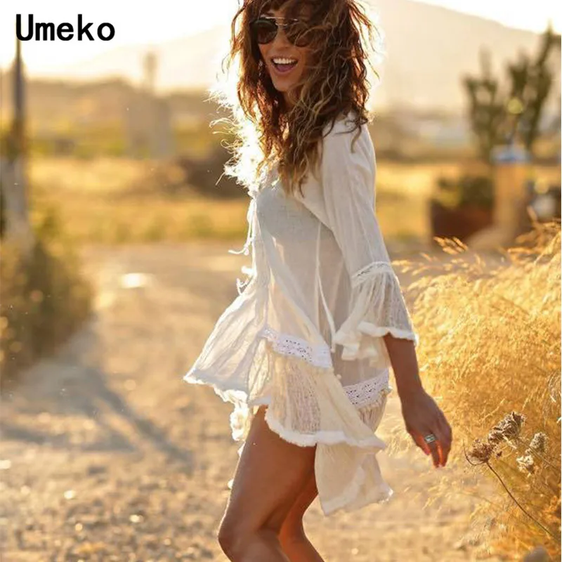 Umeko, новое модное прозрачное кружевное платье, женское сексуальное платье, рукав-фонарик, ТРАПЕЦИЕВИДНОЕ богемное мини-платье для женщин, платье с v-образным вырезом