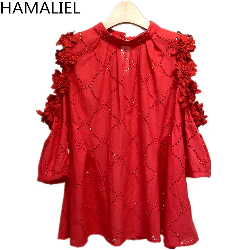 

HAMALIEL Fashion Summer Women Shirt 2019 Designer Luxury Red Cotton Embroidery Off Shoulder Blouse Casual Floral Loose Blusas