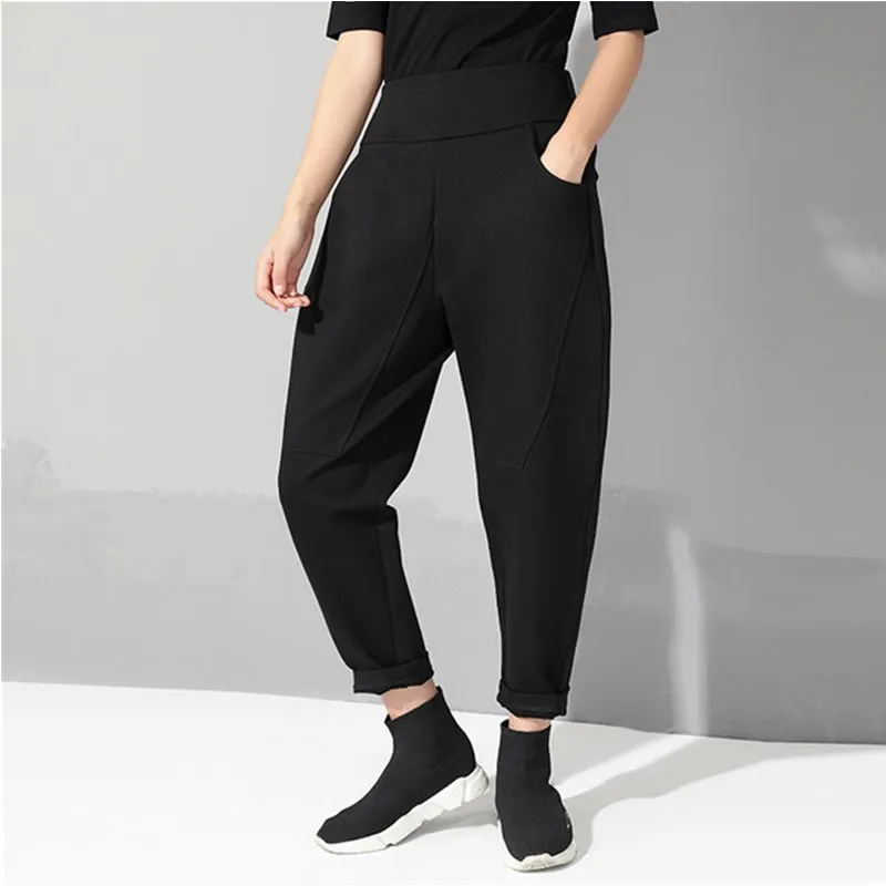 

Spring 2019 black vintage high waist elastic harem pants women pocket patchwork clothes casual trousers streetwear