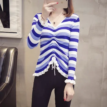 

2019 Autumn winter Korean version new pullover V-neck striped sweater knitted Bell sleeve ladies sweater Fashion Slim Sweater