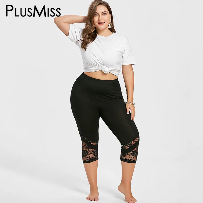 PlusMiss размера плюс 5XL 4XL Высокая талия сексуальные кружевные Капри Леггинсы
