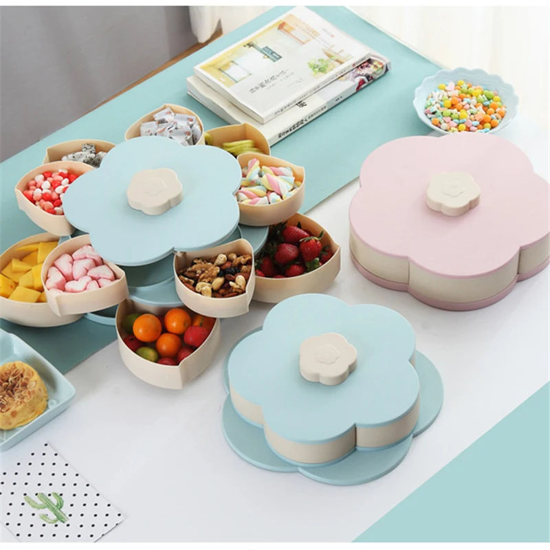 MICCK Petal-Shape Rotating Snack Box Candy Tray Food Storage Box Wedding Candy Plates Double-deck Dried Fruit Organizer Storage