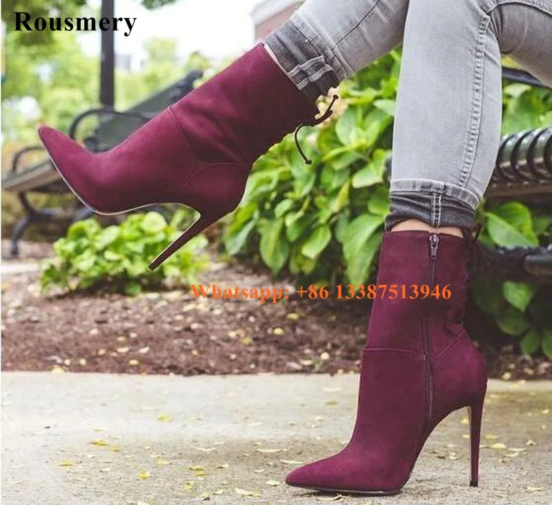Women Elegant Pointed Toe Suede Leather Back Lace-up Ankle Boots Slim Style Short High Heel Boots Formal Dress Shoes Women Elegant Pointed Toe Suede Leather Back Lace-up Ankle Boots Slim Style Short High Heel Boots Formal Dress Shoes