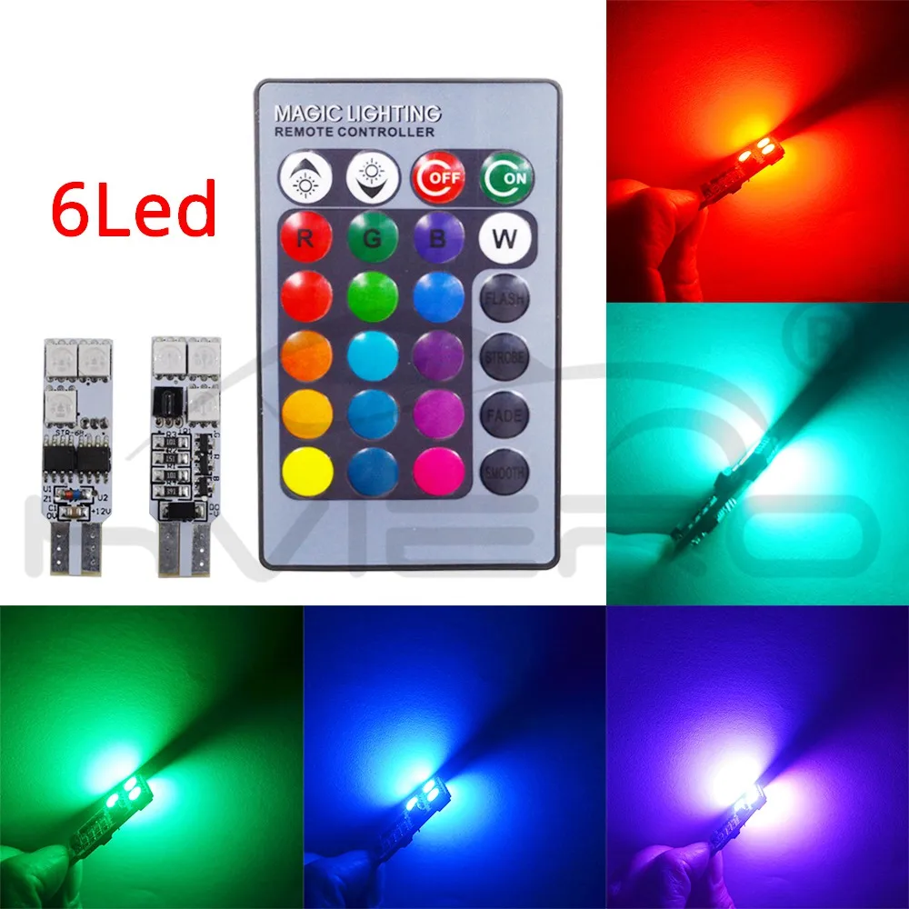 2X T10 w5w светодиодный RGB с пульта дистанционного управления RGBW 501 194 168 6SMD 5050 потолочный плафон Клин светодиодный свет DC 12 V светодиодный