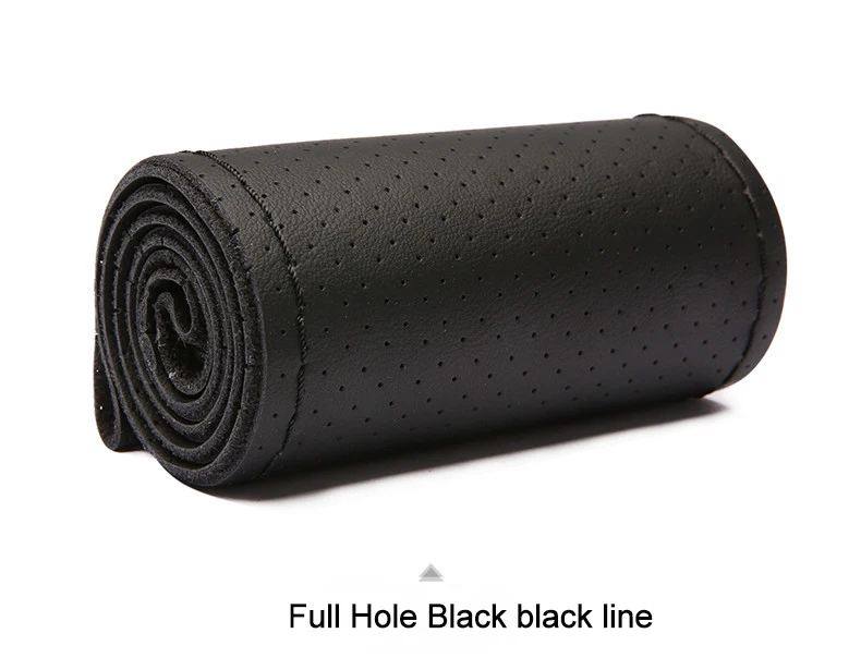 full hole Black line Чехол из натуральной кожи для рулевого колеса автомобиля с резьбой и иглами Нескользящая оплетка на руле Крышка Универсальная 38 см для Kia - Название цвета: full hole Black line