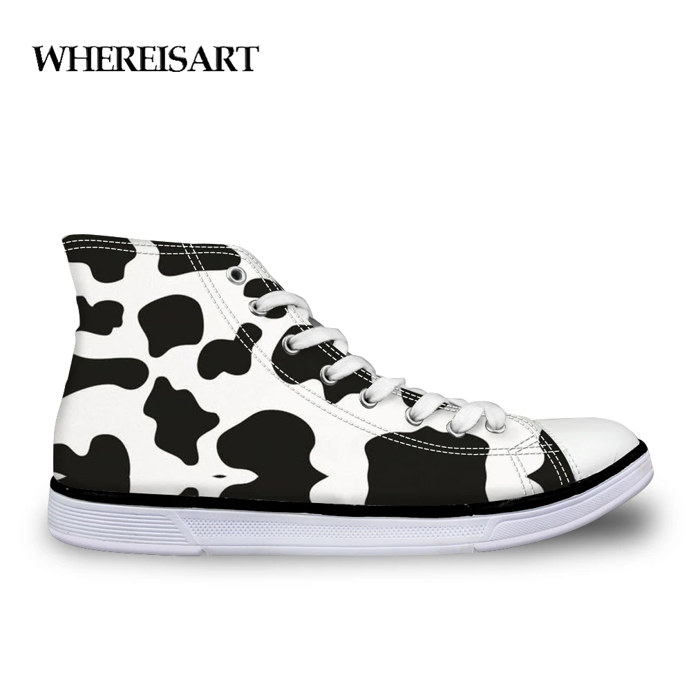 

WHEREISART White Canvas Shoes Women Cow Printing Sneakers for Girls Comfortable Casual Shoes Female Vulcanized Shoes 2019 New