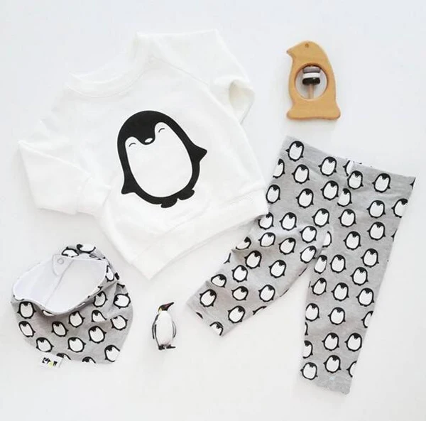 Детский комплект одежды для девочек и мальчиков, Ropa de bebe, костюм из 3 предметов, Топы+ штаны+ повязка на голову, милый комплект одежды с рисунком пингвина для маленьких девочек