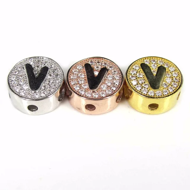 Gold Plated Round Beads Micro Pave Cz Metal V Letter Er Gold Plated Round Beads Micro Pave Cz Metal V Letter Er For