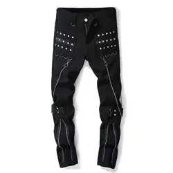Newsosoo Модные мужские хип-хоп джинсы брюки с цепочками в стиле панк джинсовые брюки с Revits уличная черный джинсы джоггеры