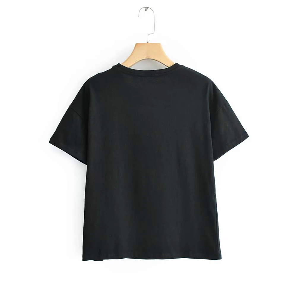 2019 الصيف المرأة Harajuku عارضة تي شيرت المحملة قمم الأزياء طباعة س الرقبة قصيرة الأكمام القطن الإناث الأسود التي شيرت أعلى الملابس