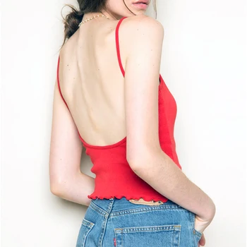 

Women Sexy Deep Scoopneck back Camisole Girl's Skinny Strap Top with Ruffled Hems