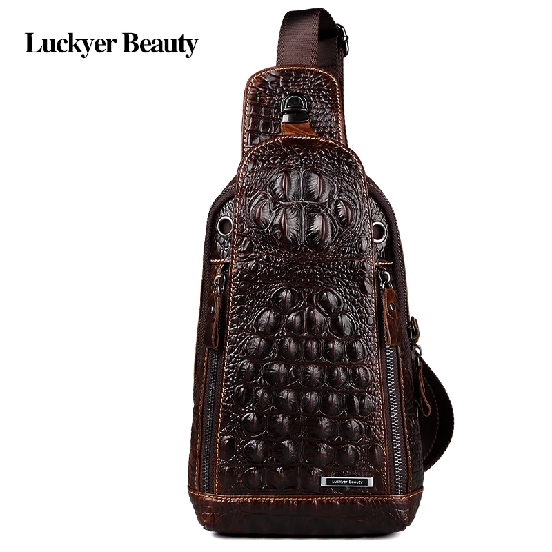 LUCKYER BEAUTY Crocodile Pattern Men&#39;s Chest Bags Genuine Leather Men Crossbody Bag Male Fashion ...