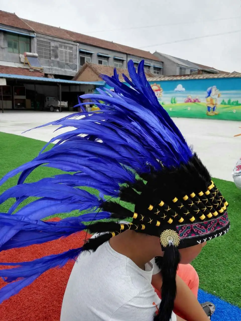 

royal blue Indian Feather headdress native american costume indian war bonnet handmade Halloween costume halloween clothing