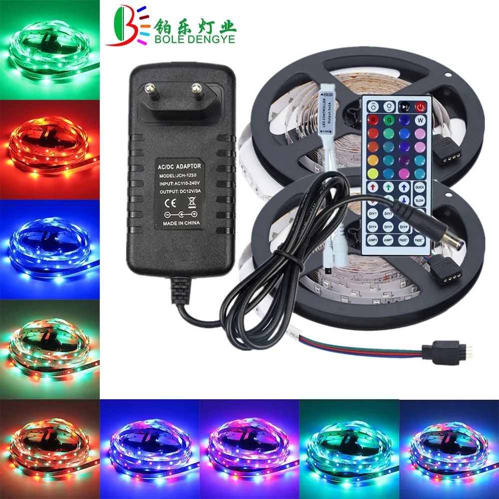 #Best BOLE DENGYE 5M LED flexible ribbon tape 44 keys remote controller DC12V adapter 20 colors DIY 10M RGB LED strip Tape full kit