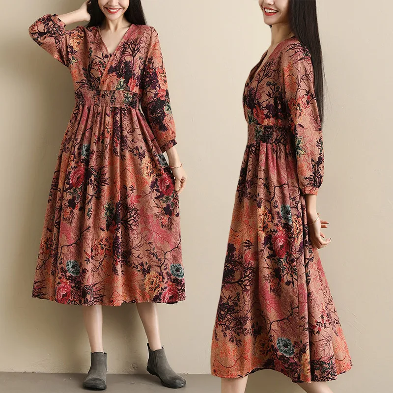 Мода, новые женские платья из хлопка и льна, весеннее летнее платье, Повседневное платье с цветочным принтом и v-образным вырезом, винтажное платье в китайском стиле