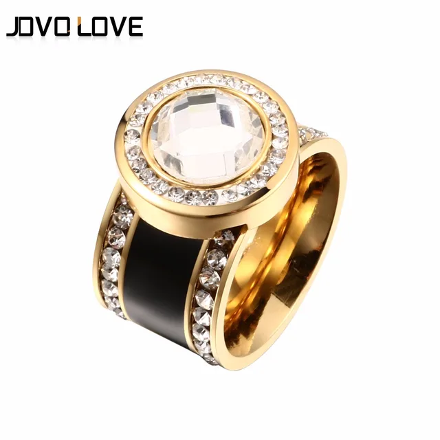 JOVO Fashion Female Women Crystal Rings Wedding Bands Black Color Stainless Stee JOVO Fashion Female Women Crystal Rings Wedding Bands Black Color Stainless Stee