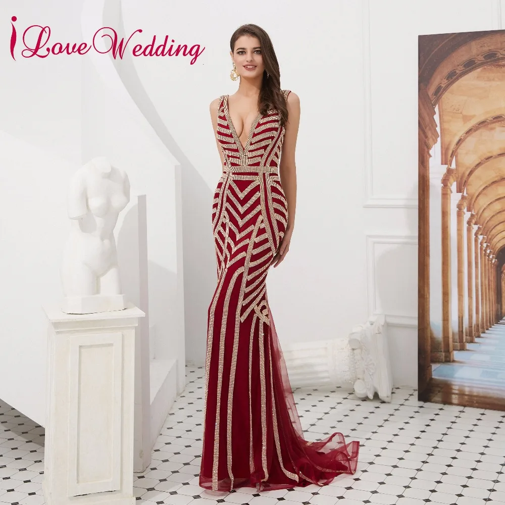 ILoveWedding роскошное вечернее платье с v-образным вырезом и блестками без рукавов, Элегантное Длинное платье для выпускного вечера