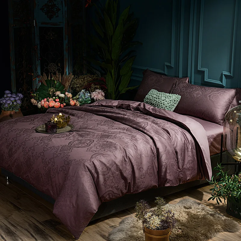 

Oriental purple, golden and pink pastoral style about 4 pcs jacquard silk down quilt cover Queen bed linen sheet Pillowcase