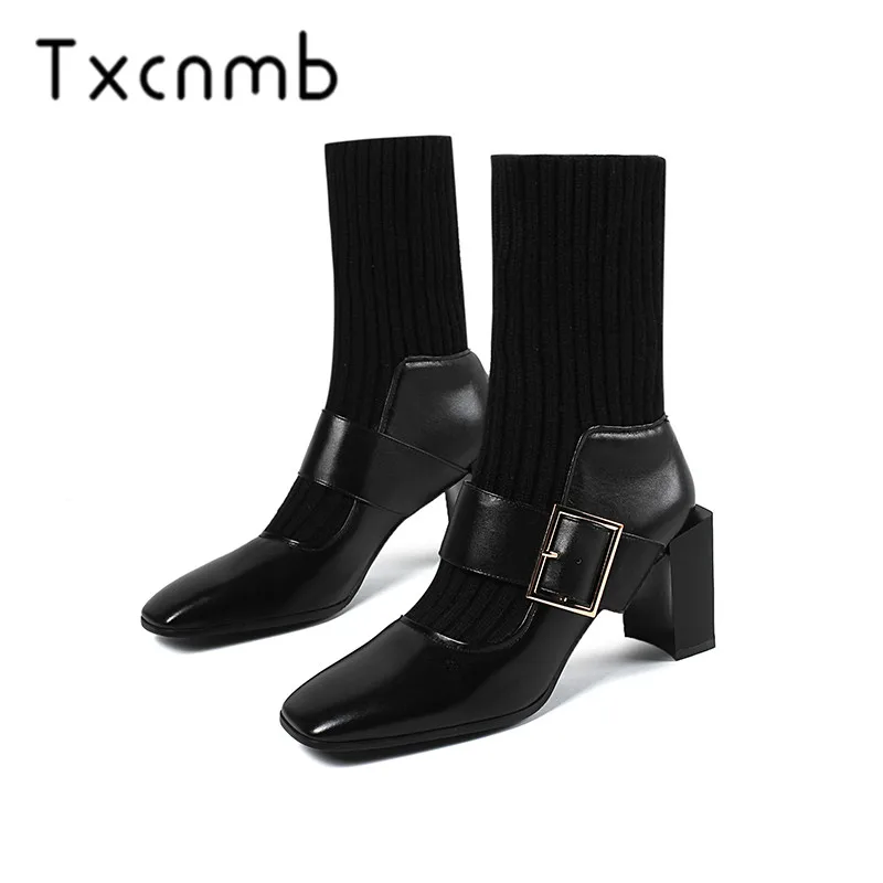 TXCNMB/модные ботинки женские сапоги до колена теплые высокие сапоги на квадратном каблуке ботинки «Челси» с острым носком женская обувь