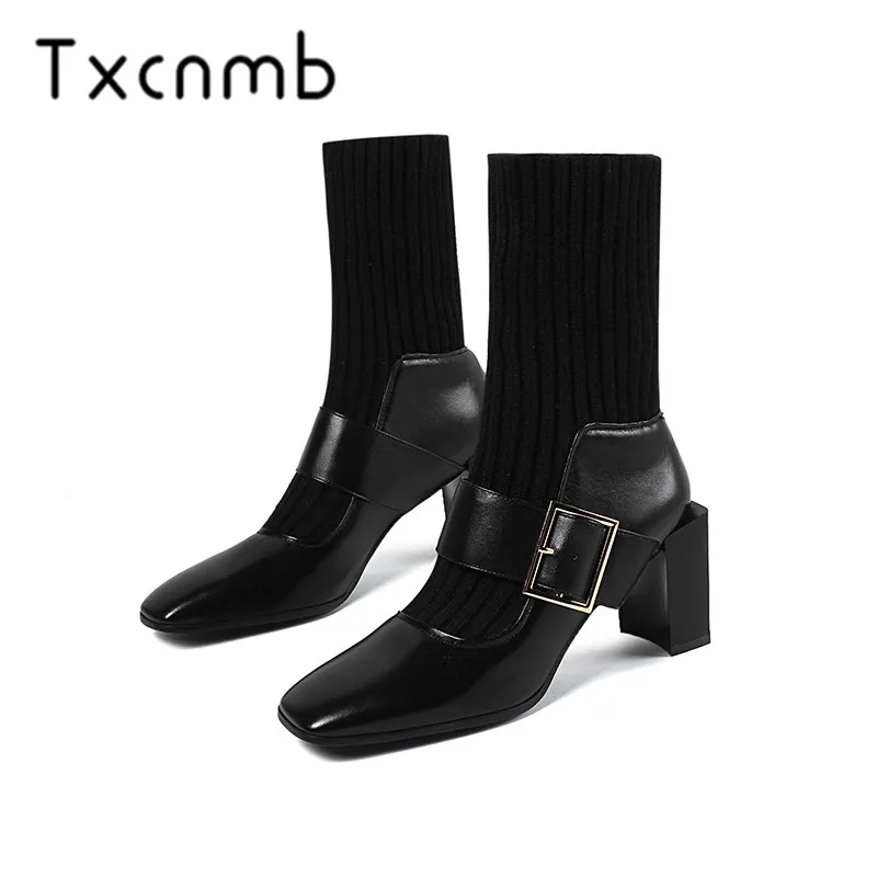 

TXCNMB 2019 Boots Women Genuine Leather Mid-calf Boots Fashion High Heels Autumn Winter Party Prom Shoes Woman Office