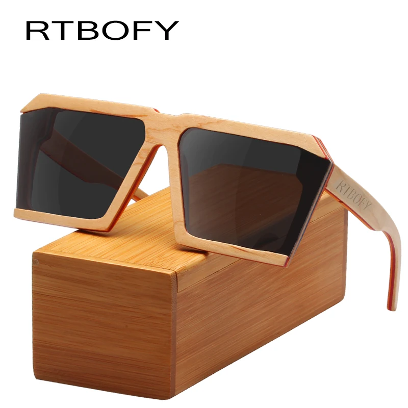 RTBOFY Wood Sunglasses for Men and Women Skateboard Wood Frame Shades font b Cat b font