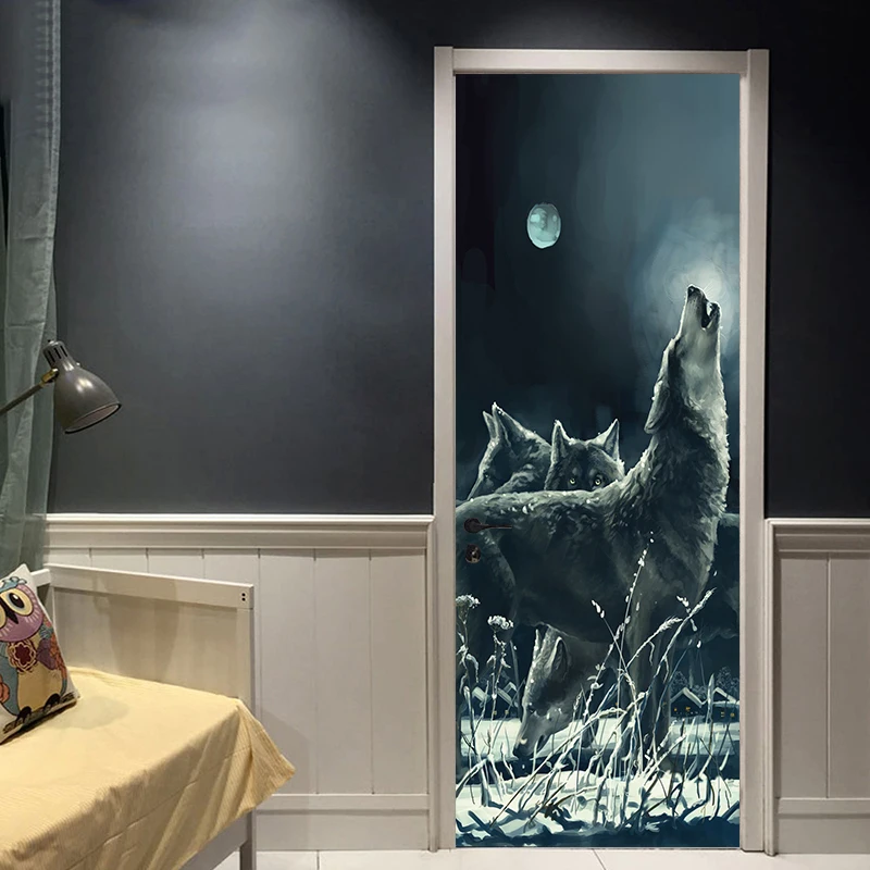 

77x200cm Creative Animal Moon Night Wolf Door Stickers Painting Wallpaper Poster Wall Sticker Bedroom Living Room Home Decor