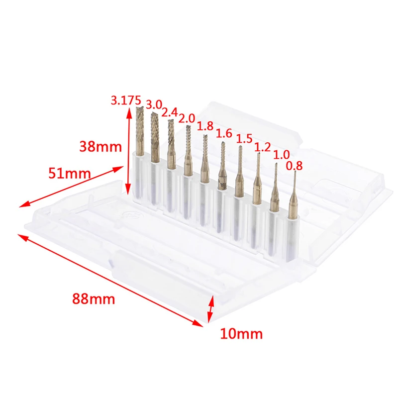 10 шт. 3,175 диаметр ЧПУ Концевая фреза мини Карбид PCB фрезы Набор 0,8-3,175 мм для фрезерного инструмента