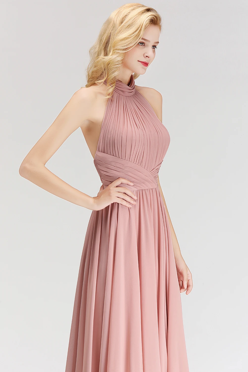 Новое поступление с лямкой через шею Розовый длинное вечернее платье, пикантное с низким вырезом на спине бюст ДРАПИРОВАННОЕ вечернее элегантное шифоновое Платья для вечеринок