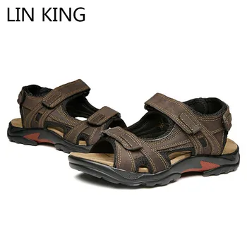 

LIN KING Fashion Big Size Men Sandals Genuine Leather Man Summer Gladiator Sandals Casual Slip On Non Slip Outdoor Beach Shoes